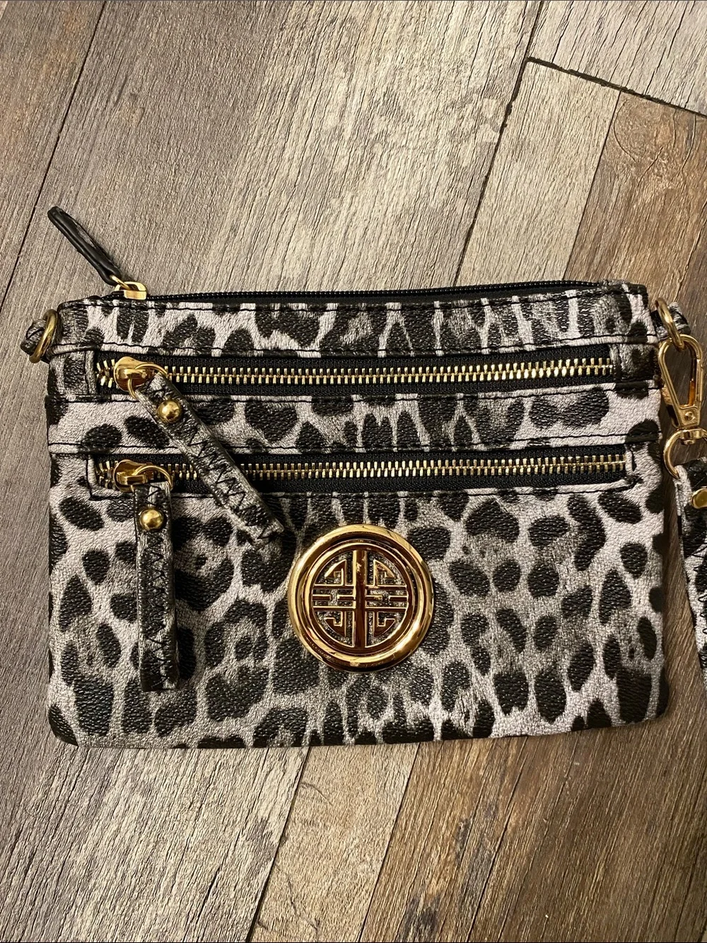 Leopard Print Wristlet Clutch with Gold Emblem